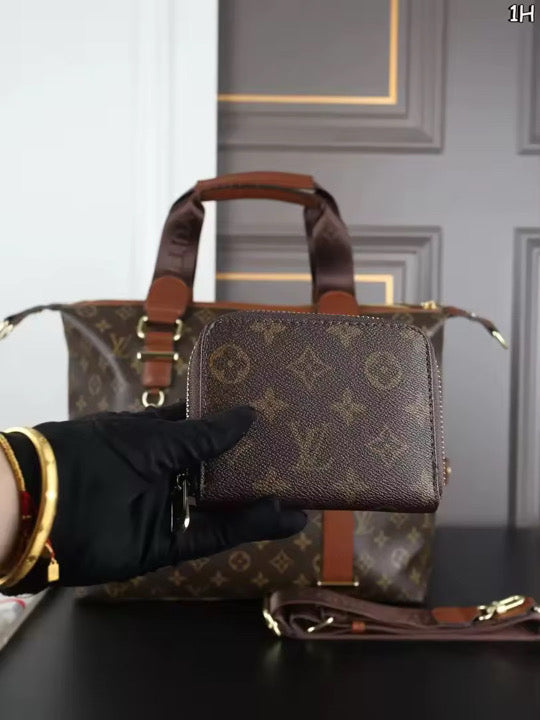LV Tote Bag with Brown Leather Trim- Three Piece Set